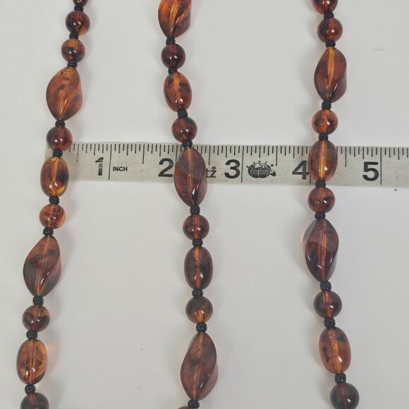 Vintage Long 30.5" Faux Cognac Amber Necklace Chunky Bead Marbled‎ Plastic Brown - Picture 6 of 11